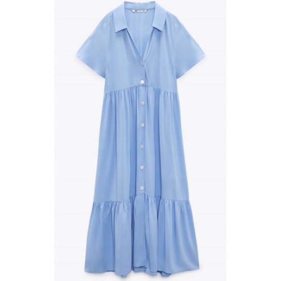 Zara Blue Tiered Midi Dress with Notched Collar Size Large - Picture 3 of 11